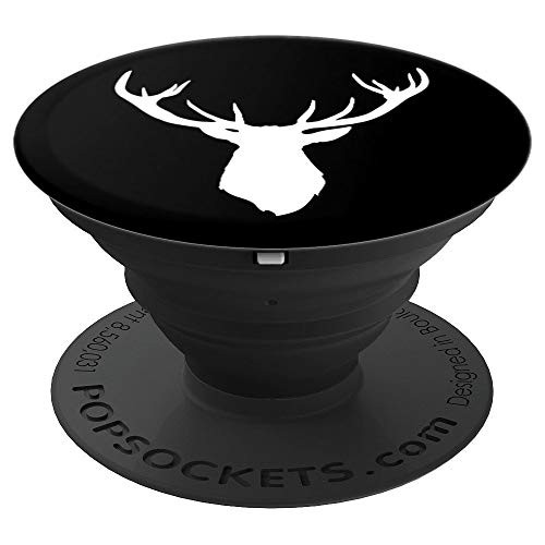 Buck Stag Deer Head Antlers White Silhouette on Black - PopSockets Grip and Stand for Phones and Tablets Buck Stag Deer Head Antlers White Silhouette on Black - PopSockets Grip and Stand for Phones and Tablets