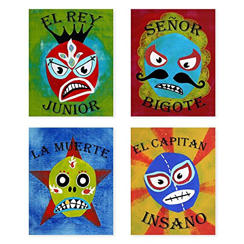 Lucha Libre, Luchador Collection, Set of 4 08x10 Inch Print, Kids Wall Decor, Lucha Libre, Wall Decor, playroom Decor, Nursery Decor, Room Decor for Boys, Lucha Libre Posters, Mexican Lucha