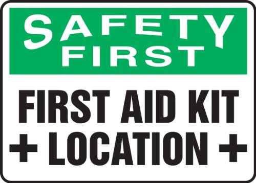 Accuform MFSD909VP Plastic Safety Sign, Legend"Safety First First AID KIT Location" with Graphic, 7" Length x 10" Width x 0.055" Thickness, Green/Black on White