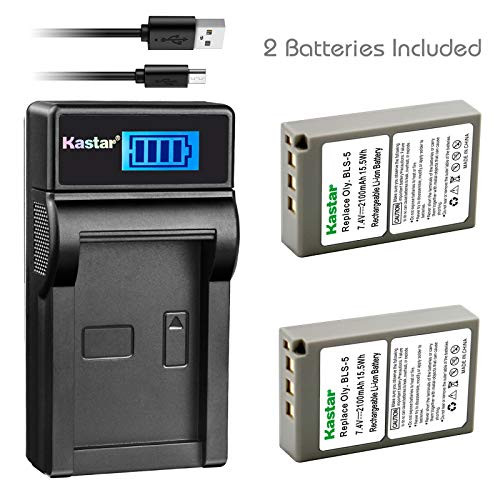 Kastar Battery (X2) & Slim LCD Charger for Olympus BLS-5 PS-BLS5 and Olympus OM-D E-400 E-410 E-420 E-450 E-600 E-620 E-P1 E-P2 E-P3 E-PL1 E-PL2 E-PLE15 E-PM1 E-PM2 E-M10 E-PL6 E-PL5 Stylus 1 Camera