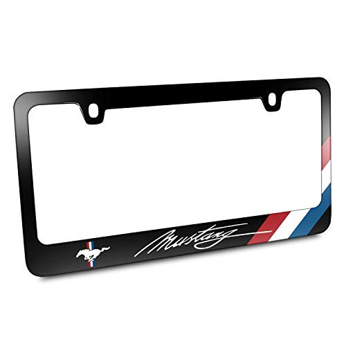 Ford Mustang Script Tri-Bar Sports Stripe Cover Chrome Black Metal License Plate Frame Holder