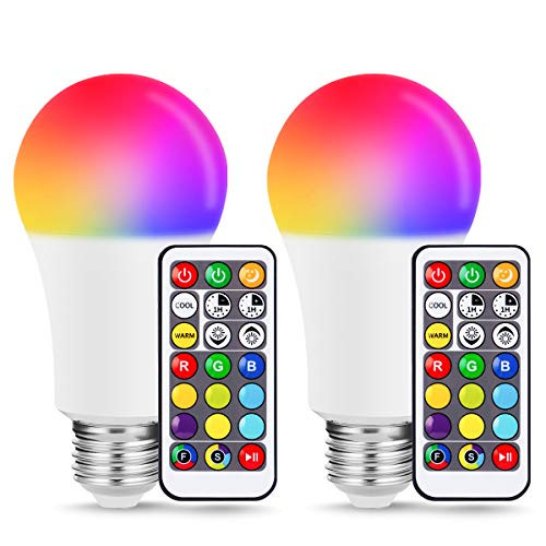 JandCase A19 E26 Color Changing LED Bulb, 10W RGB+Warm+Daylight White, 60W Equivalent, 900lm, 17 Colors Remote Control Bulbs, Dimmable Mood Lighting for Home, Party, 2 Pack