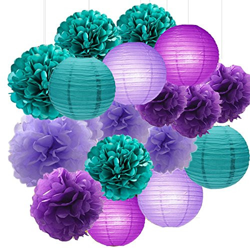 Sogorge Mermaid Party Decorations /Under the Sea Party 18pcs Teal Lavender Purple 10inch 8inch Tissue Paper Pom Pom Paper Lanterns for Birthday Decor Baby Shower Decorations Frozen Party Supplies