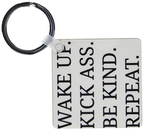 3dRose Wake Up Kick Ass Be Kind Repeat Black Letters On White Background Key Chain, 2.25 X 2.25 Inches, Set of 2 (kc_201904_1)