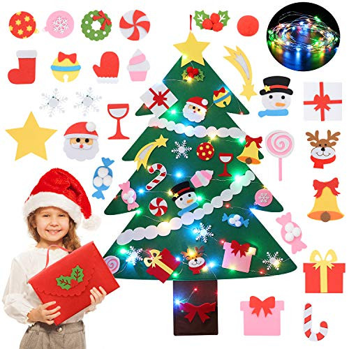Felt Christmas Tree, Coxeer DIY Felt Christmas Tree Ornaments with 28PCS Christmas Decorations String Lights & Gift Bag,Felt Christmas Tree Decorations for Kids Christmas Tree Ornaments and Tree