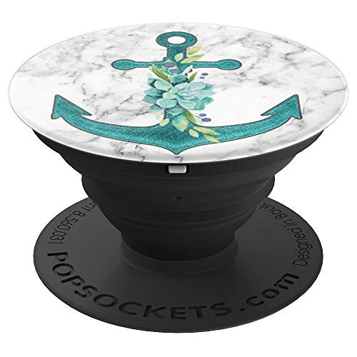 Teal Floral Anchor nautical design Gray White Marbled Look PopSockets Grip and Stand for Phones and Tablets