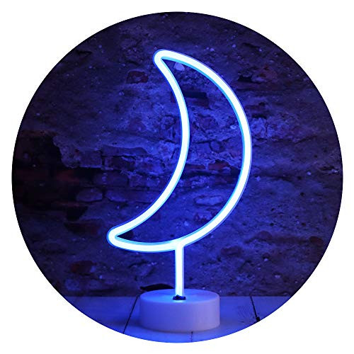 Neon Moon Lights, LED Moon Decor Neon Signs Art Decorations Crescent Night Lights Lamp for Party Supplies, Children Kids Girls Gift-Moon with Holder Base(Blue)