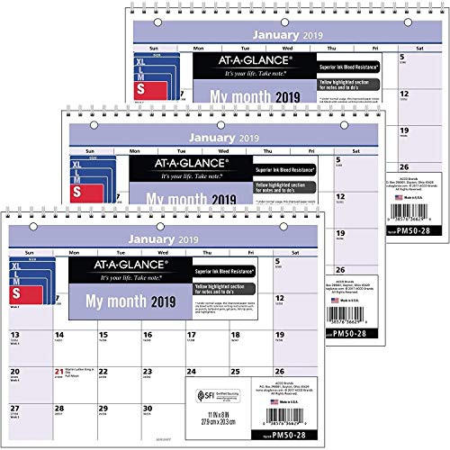 AT-A-GLANCE 2019 Monthly Desk/Wall Calendar, QuickNotes, 11" x 8", Small, Wirebound (PM5028) 3 Pack