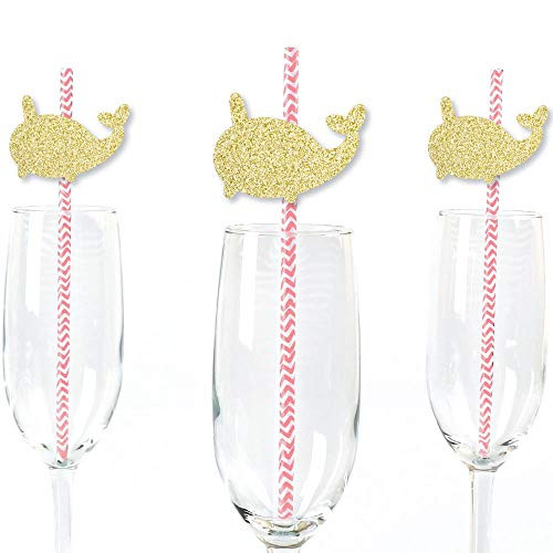 Gold Glitter Narwhal Party Straws - No-Mess Real Gold Glitter Cut-Outs and Decorative Under The Sea Paper Straws - Set of 24