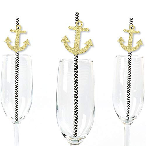 Gold Glitter Anchor Party Straws - No-Mess Real Gold Glitter Cut-Outs and Decorative Nautical Party Paper Straws - Set of 24