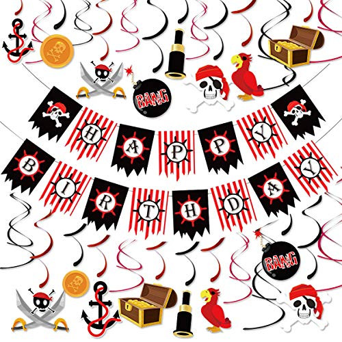 Pirate Birthday Party Decorations Kits, Pirate Hanging Swirl Decoration and Pirate Happy Birthday Banner Garland for Pirate Themed Birthday Celebrations Baby Shower Party Supplies