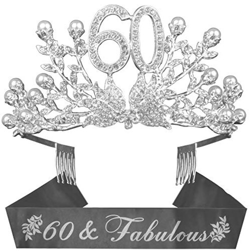 60th Birthday Party Decorations Supplies, 60th Princess Birthday Tiara Kit, Silver Rhinestone Birthday Crown, Silver 60th Birthday Tiara, 60 & Fabulous Silver Satin Sash, 60Th Birthday Cake Topper