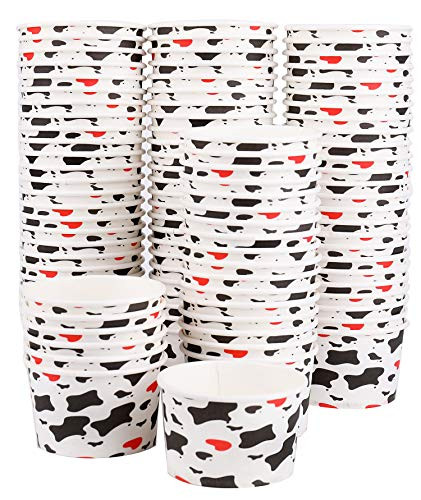 Lawei 100 pack Paper Ice Cream Cups - 6 oz Cow Print Disposable Paper Dessert Bowls for Sundae, Frozen Yogurt, Hot and Cold Food