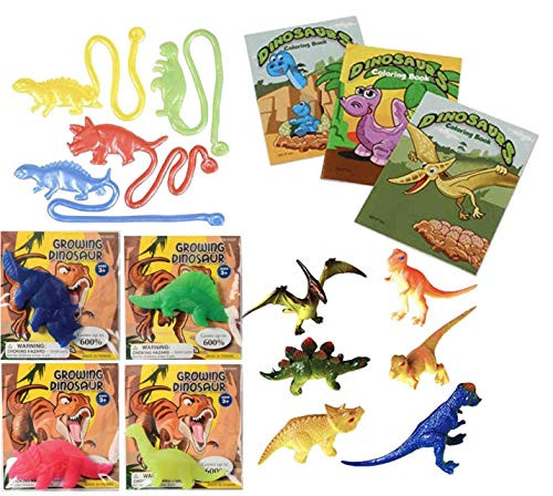 Nikki's Knick Knacks 48 Piece Dinosaur Party Favor Set- Coloring Books, Toy Figures, Sticky Dinosaurs, and Growing Dinosaurs