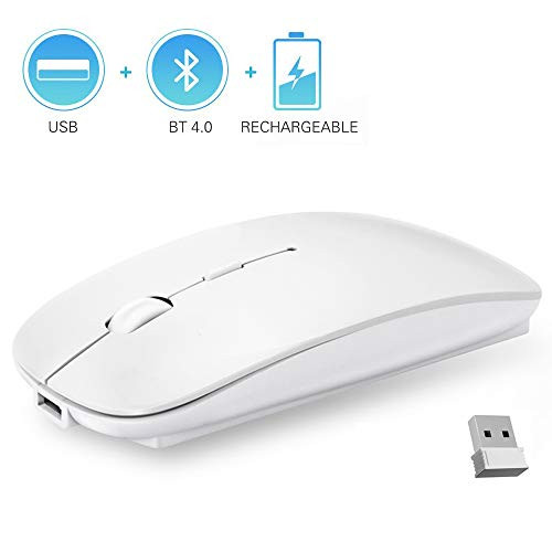 QIJIAYI 2.4GHz Wireless Bluetooth Mouse,Dual Mode Slim Rechargeable Wireless Mouse Silent USB Mice, 3 Adjustable DPI,Compatible for Laptop Windows MacBook Android MAC PC Computer (White)