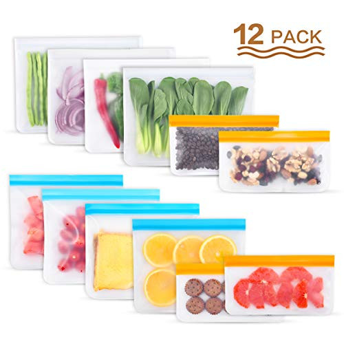 Reusable Storage Bags,12 Pack Ziplock Reusable Sandwich Bags BPA Free Leakproof Gallon Freezer Safe Snacks Food Bags for Lunch, Toiletries, Fruit, Sous Vide