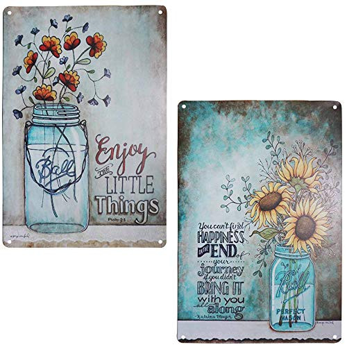TISOSO Two Glass Bottle Floral Sunflowers Poppies Metal Tin Sign Wall Art Decor for Living Room Vintage Art Coffee Bar Signs Home Decor Gifts Decoration 2pcs-8x12inch