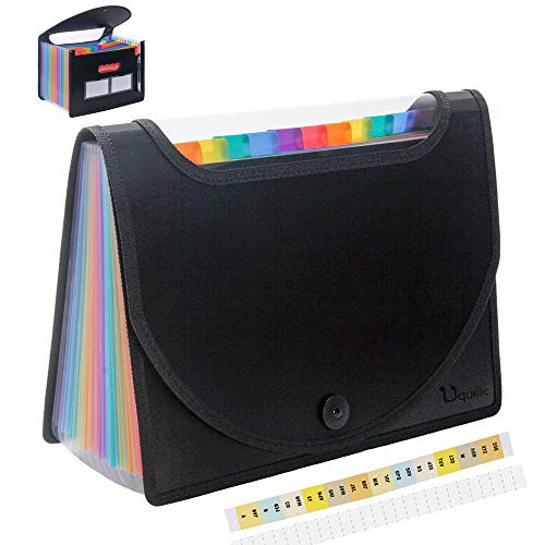 Uquelic 13 Pocket Expanding File Wallet - Portable Large Plastic Rainbow Expandable File Organizer Folder with Cover Accordion A4 Letter Size Document Folder Briefcase Business Filing Bag