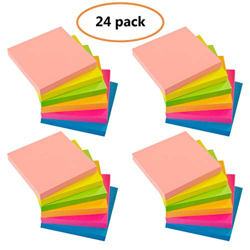 Sticky Notes - VANZAVANZU Self-Stick Notes 3x3 in, 24 Pads, 100 Sheets/Pad, 6 Bright Colors, Easy Post Notes (24 Pads)