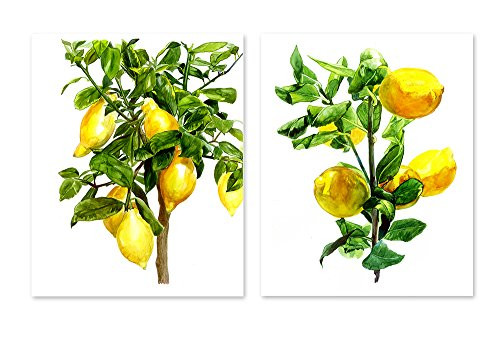 AtoZStudio A5 Lemon Wall Art - set of 2 prints - Botanical Yellow Home Decor - Lemon Branches - Tree Watercolor Painting - Kitchen Citrus Fruit Artwork (11x14)
