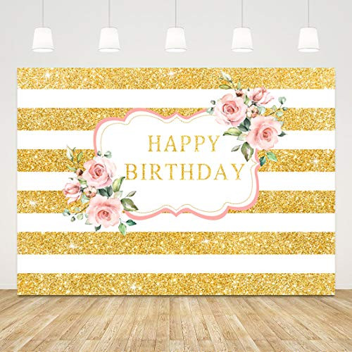 Happy Birthday Backdrop for Women Floral Birthday Photography Background 7x5ft Gold Stripe Birthday Backdrops for Party Adults Girls Cake Table Decor 21st 30th 40th 50th Birthday Photo Booth Props
