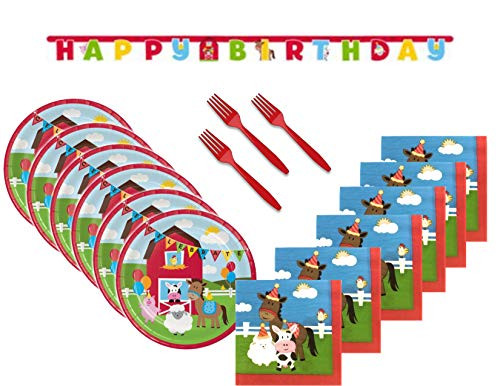 Barnyard Animals Farm Fun Theme Party Supply Bundle for 16 Guests - Includes Plates, Napkins, Forks and Birthday Banner