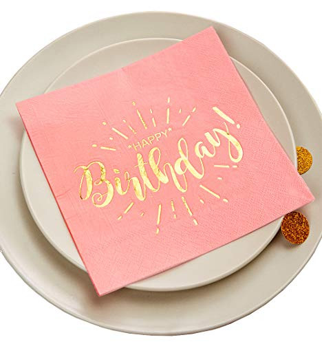 Crisky 100 Count Happy Birthday Napkins 3 Ply Pink Luncheon Napkin with Metallic Gold Foil for Birthday Dinner Celebration Party Favor Birthday Supplies Decorations