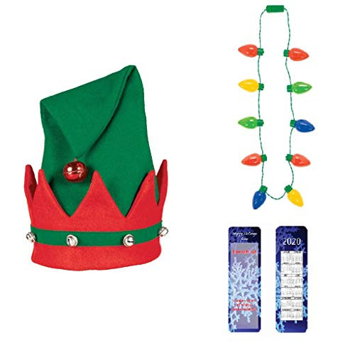 Ugly Sweater Christmas Party Elf Dress Up Set: Holiday Elf Hat with Bells, LED Christmas Light Bulb Necklace plus an Exclusive ElevenPlus2 2020 Holiday Bookmark