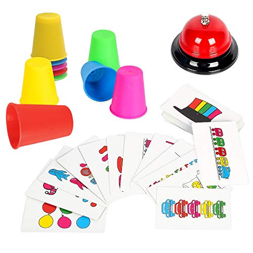 Youwo Quick Cups Game Beat The Bell Speed Cups Game Match Stack Family Game for Kids Age 3 and up, with 54 Picture Cards, 20 Stack Cups and a Bell.