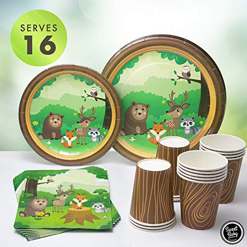 Sweet Baby Co. Woodland Party Supplies for 16 with Paper Plates, Napkins, Cups of Fox, Deer, Bear, Raccoon Forest Creatures and Animals Theme for Woodland Baby Shower Decorations, Birthday, Camping Sweet Baby Co. Woodland Party Supplies for 16 with Paper Plates, Napkins, Cups of Fox, Deer, Bear, Raccoon Forest Creatures and Animals Theme for Woodland Baby Shower Decorations, Birthday, Camping