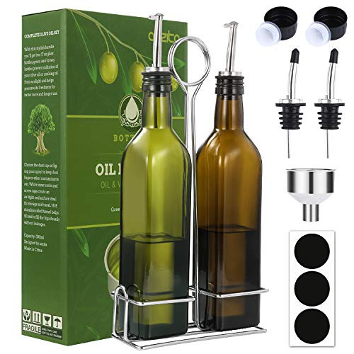 Aozita 17oz Olive Oil Dispenser Bottle Set with Stainless Steel Holder Rack - 500ml Glass Oil & Vinegar Cruet with No-drip Pourers, Funnel, and Labels - Dark Green & Brown Aozita 17oz Olive Oil Dispenser Bottle Set with Stainless Steel Holder Rack - 500ml Glass Oil & Vinegar Cruet with No-drip Pourers, Funnel, and Labels - Dark Green & Brown