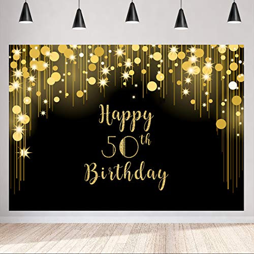 Gold and Black 50th Birthday Photography Backdrop 7x5ft Happy Birthday Backdrops for Adult Golden Glitter Shiny Fifty Years Old Age Birthday Party Supplies Decoration Vinyl Banner Photobooth Prop