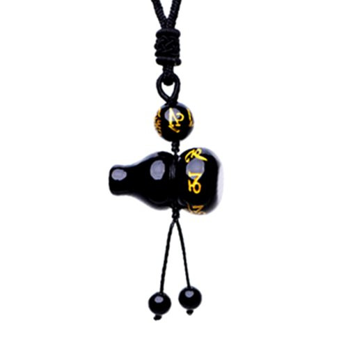 Betterdecor Feng Shui Obsidian Wu Lou/Hu Lu Gourd wtih Tibetan Mantra Necklace Amulet (with a Pouch)