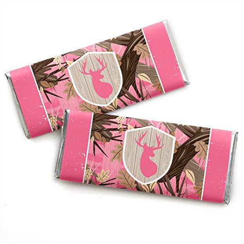 Pink Gone Hunting - Candy Bar Wrapper Deer Hunting Girl Camo Baby Shower or Birthday Party Favors - Set of 24