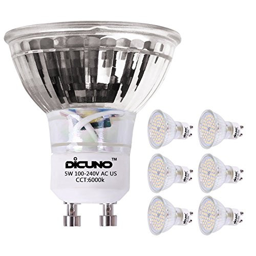 DiCUNO GU10 LED Bulbs 5W Pure White, 6000K, 500lm, 120 Degree Beam Angle, Spotlight, 50W Halogen Bulbs Equivalent, Non-dimmable MR16 LED Light Bulbs, 6-Pack