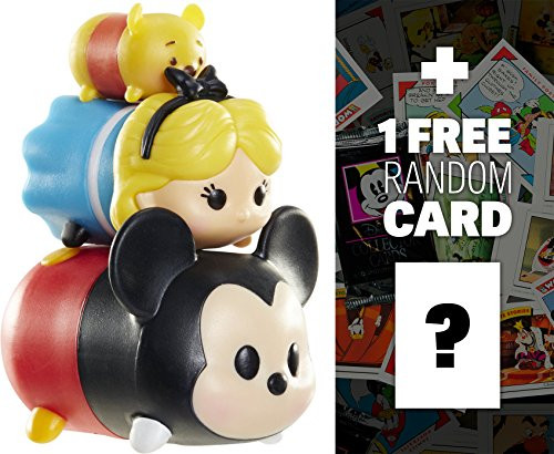 Disney TSUM TSUM Mickey, Alice, Winnie The Pooh 3-Micro-Figure Pack Series #1 + 1 Free Classic Disney Trading Card Bundle