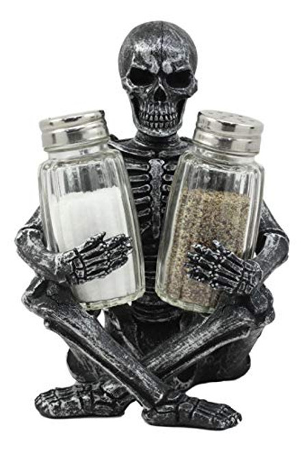 Ebros Gothic Day Of The Dead Graveyard Garnish Sitting Skeleton Salt And Pepper Shakers Holder Figurine Set 6.25" High Fantasy Kitchen Decor Statue