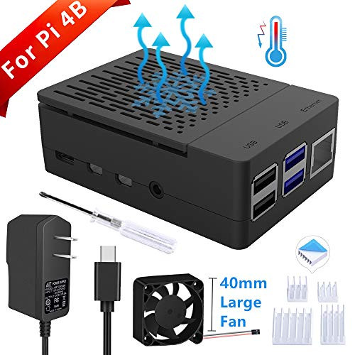 GeeekPi Raspberry Pi 4 Model B Case with 5V 3A US Power Supply, Raspberry Pi 4B Case with Fan 40X40X10mm and 4pcs Heatsinks for Raspberry Pi 4 Model B