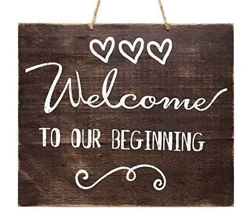 JennyGems Welcome To Our Beginning Sign - Wedding Sign - House Warming - Rustic Welcome Sign - Wooden Home Signs - Housewarming Gift - Farmhouse Decor, Front Door Decorations, Wedding Welcome Sign