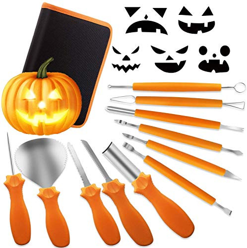 Kederwa Pumpkin Carving Kit, 11Pcs Heavy Duty Stainless Steel Carving Tools with Carrying Case for Pumpkin decoration jack-o-lantern carving (A Style)