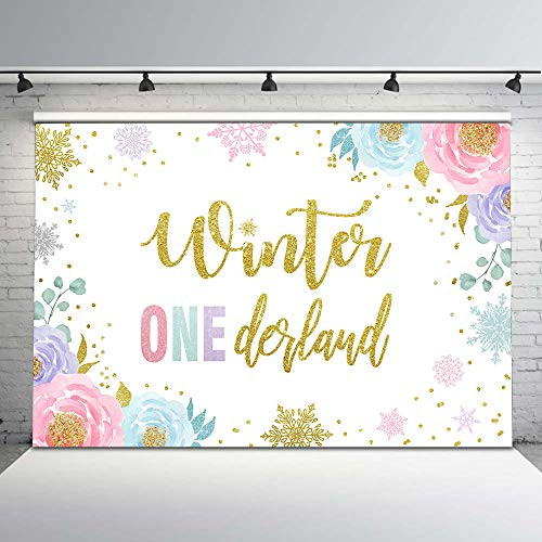 Mocsicka Winter Onederland Photography Backdrop Girl's First Christmas Birthday Party Background 7x5ft White Snowflake Pink Gold Flower 1st Birthday Backdrops