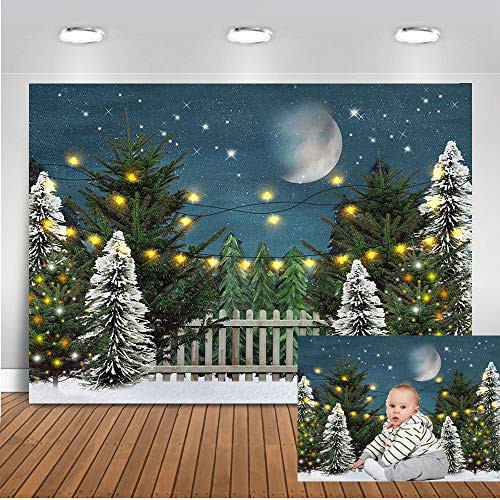 Mocsicka Christmas Eve Backdrop 7x5ft Winter Snow Frozen World Green Pine Tree Background Merry Christmas Starring Night Party Decoration Banner Photography Backdrops