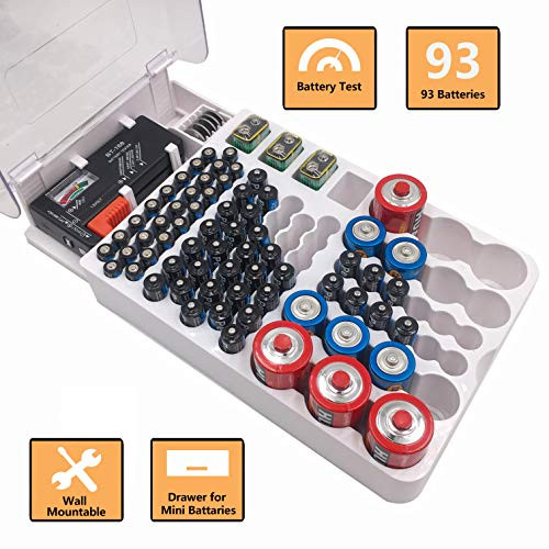Reeyox Battery Organizer | Wall-Mount Battery Storage Case| Holds 93 Batteries AA AAA C D 9V - with Battery Tester BT-168
