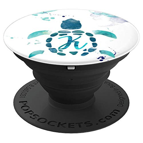 Sea Turtle Teal White Mint with Initial Monogram Letter K - PopSockets Grip and Stand for Phones and Tablets
