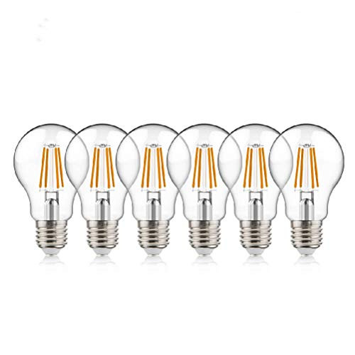 Techlux 60W Equivalent Dimmable 9W A19 Vintage LED Edison Filament Light Bulbs 806 lumens Clear Glass,Soft White 2700K,E26 Screw Base,Pack of 6