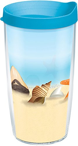 Tervis 1284937 Shells on the Beach Tumbler with Wrap and Turquoise Lid 16oz, Clear