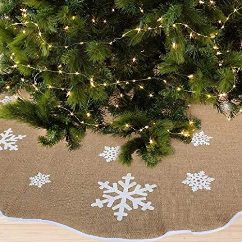 VPT Burlap Christmas Tree Skirt 48 inches Diameter Christmas Tree Skirts White Snowflake Printed Christmas Decorations Indoor Outdoor (Burlap)