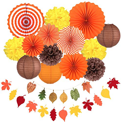 Whaline Thanksgiving Party Decorations, Orange Hanging Paper Fans Fall Paper Pompoms Paper Lanterns Maple Leaves Bunting Garlands for Autumn Celebration, Birthday Decor (16 Pcs)