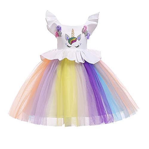 Zerayo Flower Girls Unicorn Costume Pageant Princess Party Tutu Tulle Dresses White 150cm/8-10Y