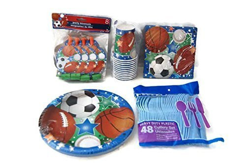 Sports Theme Birthday Party Supplies Pack - Plates, Napkins, Cups, Cutlery, Party Blowouts - Baseball, Football, Soccer, Basketball by Greenbrier Sports Theme Birthday Party Supplies Pack - Plates, Napkins, Cups, Cutlery, Party Blowouts - Baseball, Football, Soccer, Basketball by Greenbrier